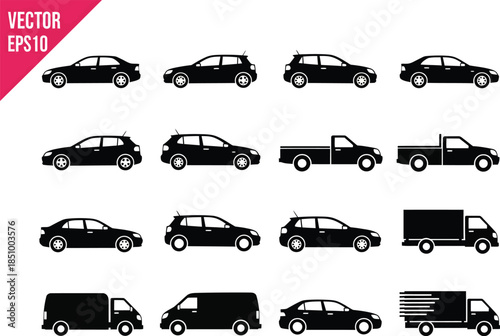 Collection of various vehicle silhouettes including cars and trucks in different positions