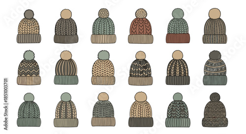 A large collection of various colorful knitted winter hats, each with a fluffy pom-pom, displayed in a neat grid arrangement.
