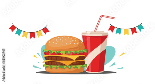 A delicious cartoon double cheeseburger and a red soda cup with straws, decorated with festive colorful banners for a party.