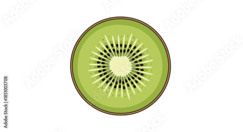 A detailed and vibrant illustration of a single round slice of fresh green kiwi fruit, isolated on a clean white background.