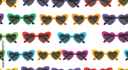A fun and trendy seamless pattern featuring a variety of colorful heart-shaped sunglasses scattered on a clean white background.