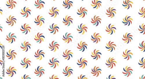 A playful and energetic seamless pattern of small, colorful pinwheel shapes in a repeating grid on a clean white background.