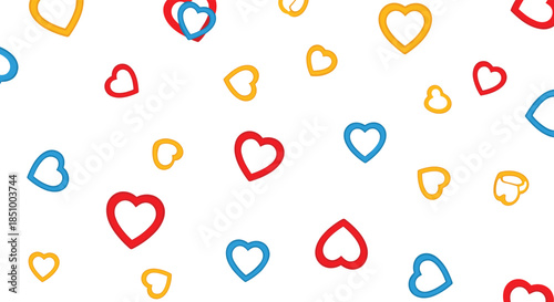 A simple and cheerful background featuring scattered red, blue, and yellow outlined hearts of various sizes on a white canvas.