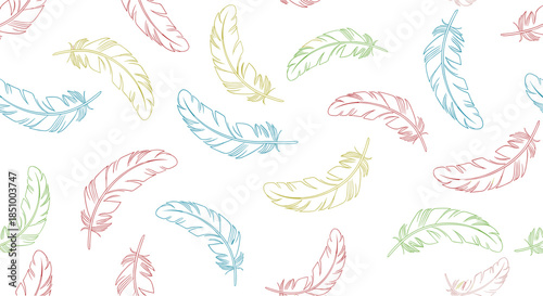 A delicate and light seamless pattern of colorful falling feathers drawn in a fine dotted line art style on a white background.
