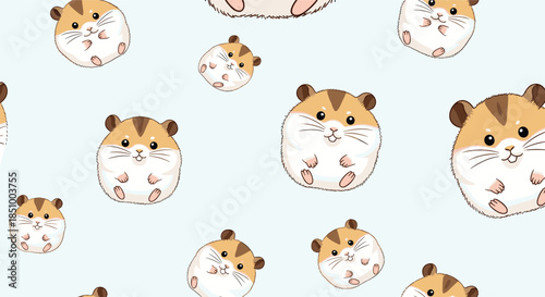 An adorable seamless pattern of cute, chubby cartoon hamsters in various happy poses scattered on a light blue background.