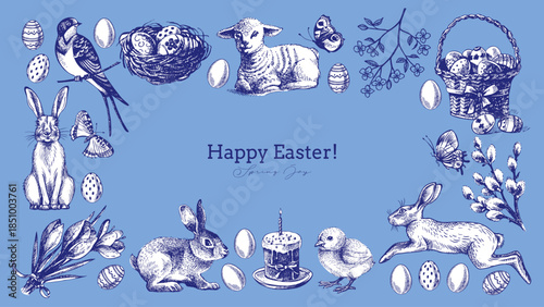 Vintage Easter hand drawn frame. Spring greeting cards and invitation design. Retro sketch vector illustration. Stickers collage elements