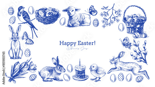 Vintage Easter hand drawn frame. Spring greeting cards and invitation design. Retro sketch vector illustration. Stickers collage elements