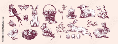 Vintage Easter hand drawn set. Spring greeting cards and invitation design. Retro sketch vector illustration. Stickers collage elements
