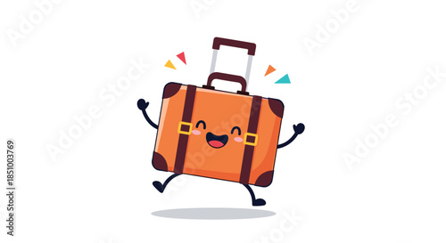A cheerful orange cartoon suitcase character with a happy face, jumping for joy in anticipation of travel and adventure.