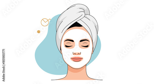 A relaxed woman with her eyes closed, wearing a white towel on her head and a cosmetic face mask for a spa treatment.