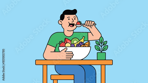 Man happily eating a large bowl of fresh fruit salad.