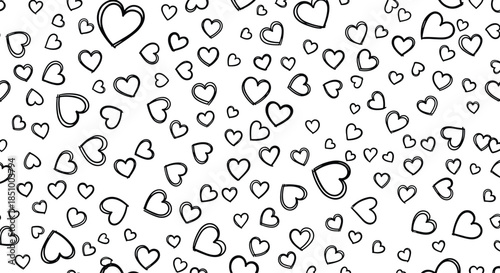 A lovely seamless pattern of hand-drawn black outlined hearts in various sizes scattered across a clean white background.
