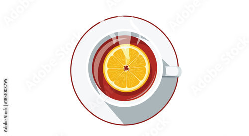 A top-down flat lay illustration of a white cup and saucer filled with hot tea and a slice of lemon.