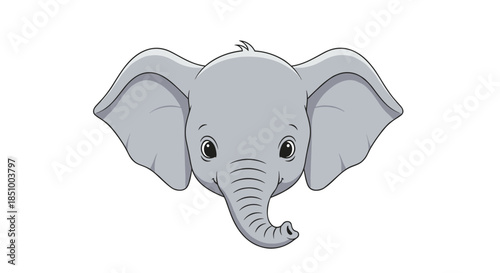An adorable cartoon illustration of a happy baby elephant's face with big ears and friendly eyes on a white background.