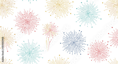 A festive seamless pattern of colorful hand-drawn fireworks and starbursts, perfect for celebrating holidays and special events.