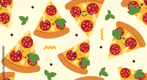A fun and cute seamless pattern of smiling pepperoni pizza slice characters with basil leaves on a pale yellow background.