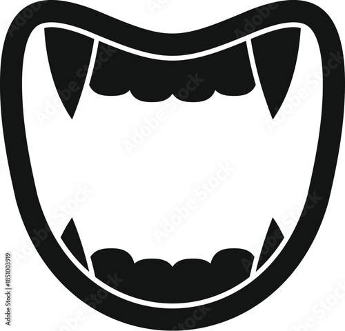 Scary open vampire mouth showing fangs and teeth, simple black and white vector illustration