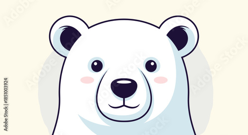 A charming and friendly cartoon illustration of a cute polar bear's face with rosy cheeks on a light beige background.