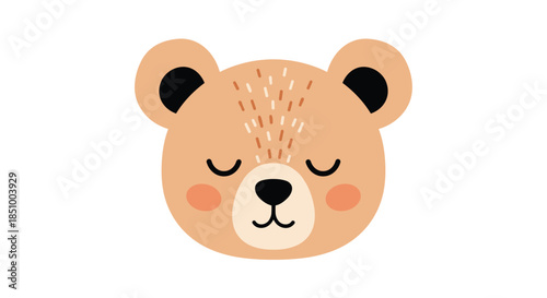 An adorable and simple illustration of a sleeping teddy bear's face with closed eyes and rosy cheeks on a white background.