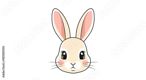 A beautifully detailed illustration of a cute and gentle rabbit's face with long ears and big eyes on a white background.