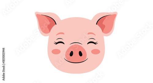 A sweet and happy cartoon pig's face with closed smiling eyes and rosy cheeks, isolated on a plain white background.