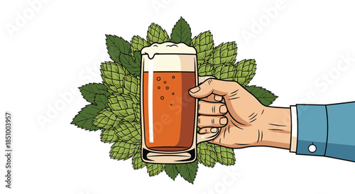 Man's hand in a blue shirt sleeve holding a full glass mug of foamy beer with a background of fresh green hops illustration.
