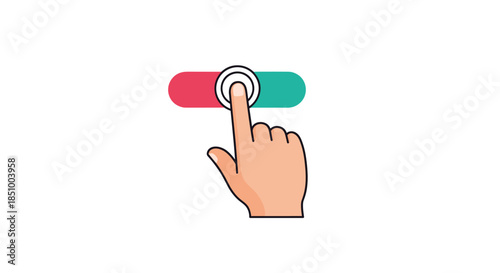 Index finger touching and sliding a colorful toggle switch button to change a setting, isolated on a white background illustration.