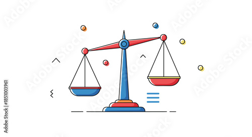 Colorful and modern flat line illustration of an unbalanced scale of justice, symbolizing inequality, law, and decision-making.