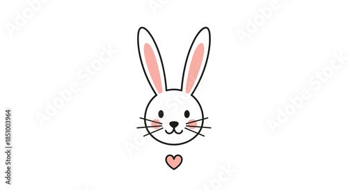 Adorable and simple line drawing of a white bunny rabbit face with pink ears and a little heart, perfect for Easter or nursery decor.