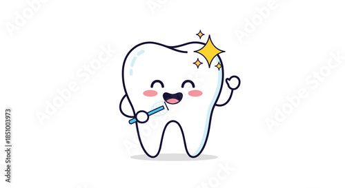 Adorable kawaii cartoon tooth character with a happy face brushing itself with a toothbrush, sparkling clean on a white background.