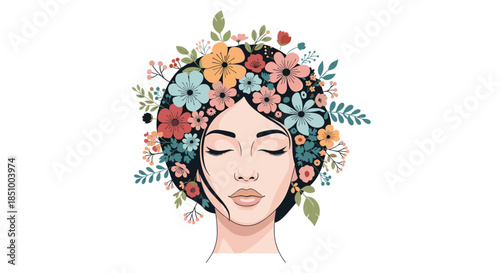 Beautiful illustration of a serene woman with closed eyes and a head full of colorful blooming flowers and leaves in her hair.