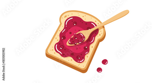 Cartoon illustration of a fresh slice of white bread with a generous spread of red berry jam and a small wooden spoon on top.