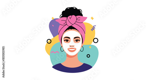 Cheerful woman wearing a white cosmetic face mask and a pink head wrap for a beauty routine, on a colorful abstract background.