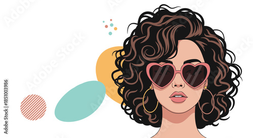 Pop art style illustration of a beautiful woman with curly brown hair, pink heart-shaped sunglasses, and gold hoop earrings.