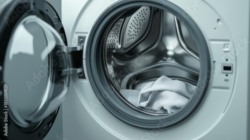 Front Load Washing Machine Interior with White Towel Close Up View. Laundry Appliance Technology.