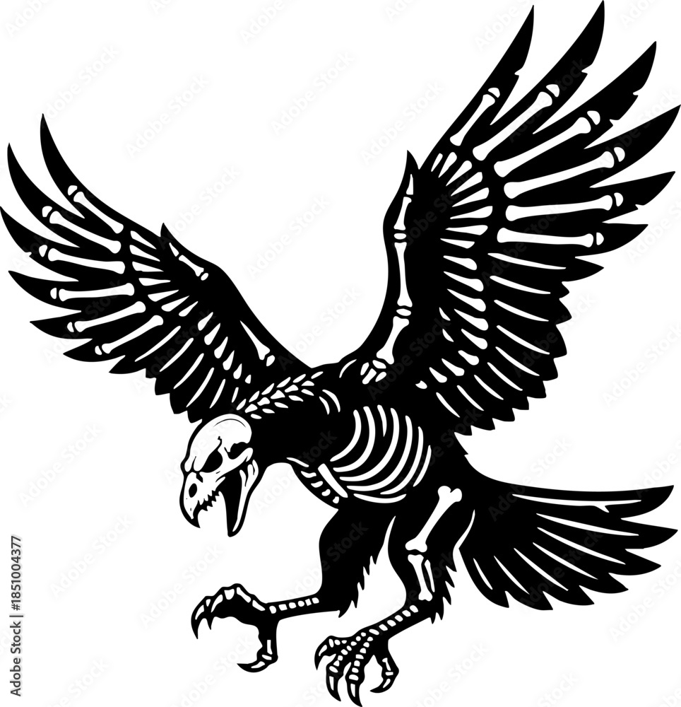 Obraz premium Black and White Flying Eagle Skeleton Vector Illustration