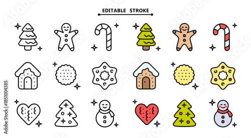 Christmas cookies icons set. Editable stroke. Different gingerbread cookies symbols. Christmas signs depicting various festive elements, bringing holiday cheer and wintertime spirit.