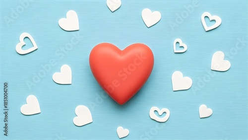 Vibrant red heart takes center stage amidst a scattering of delicate white hearts on a serene light blue background, symbolizing love and affection for romantic occasions