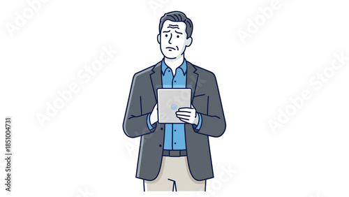 Man in Suit Holding Tablet with Concerned Expression.