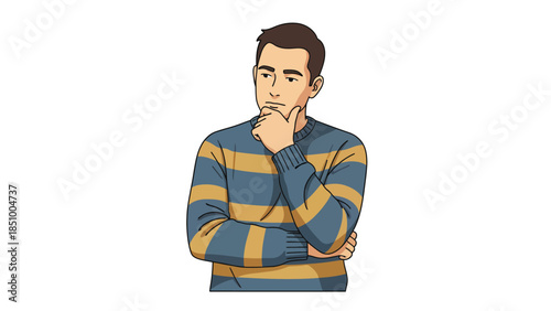 Man in striped sweater thinking with hand on chin.