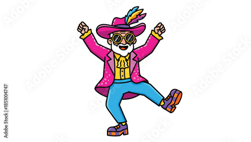 Man in flamboyant outfit dancing with joy.