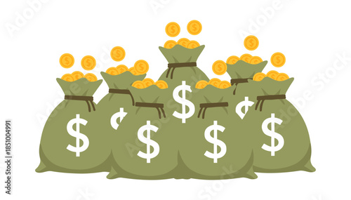 Money bags overflowing with golden dollar coins