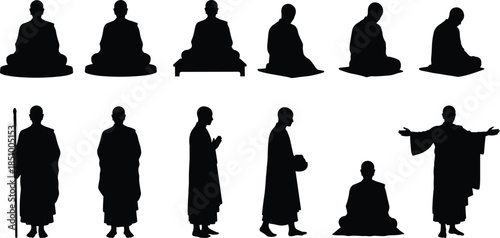 Monk silhouettes set in various meditation and walking poses, Buddhist spiritual figures vector illustration collection isolated on white background, religious culture art