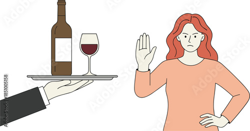Woman refusing alcohol offered by waiter with wine bottle and glass flat vector illustration for sobriety awareness concept health lifestyle