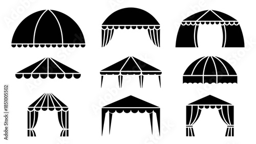 A set of nine black silhouette icons representing different styles of tents and canopies