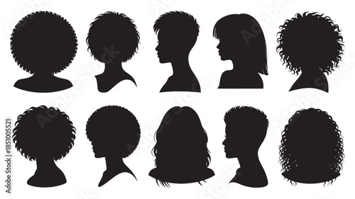 Silhouettes set featuring diverse human profiles and different hairstyles for women and children