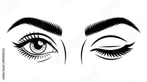 Black and white line art illustration of beautiful female eyes with a playful wink