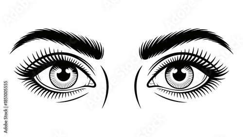 Intense black and white illustration of detailed female eyes with thick lashes and eyebrows