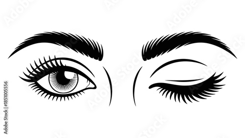 Black and white illustration of two expressive eyes, one open and one playfully winking