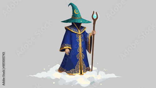 Enigmatic Wizard Standing on Clouds with Staff and Pointed Hat.